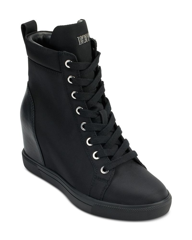 Women's Calz Lace-Up High-Top Wedge Sneakers Black $73.14 Shoes