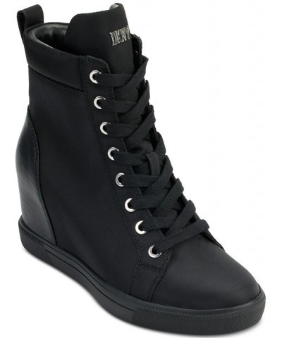 Women's Calz Lace-Up High-Top Wedge Sneakers Black $73.14 Shoes