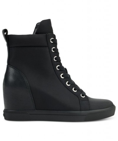 Women's Calz Lace-Up High-Top Wedge Sneakers Black $73.14 Shoes