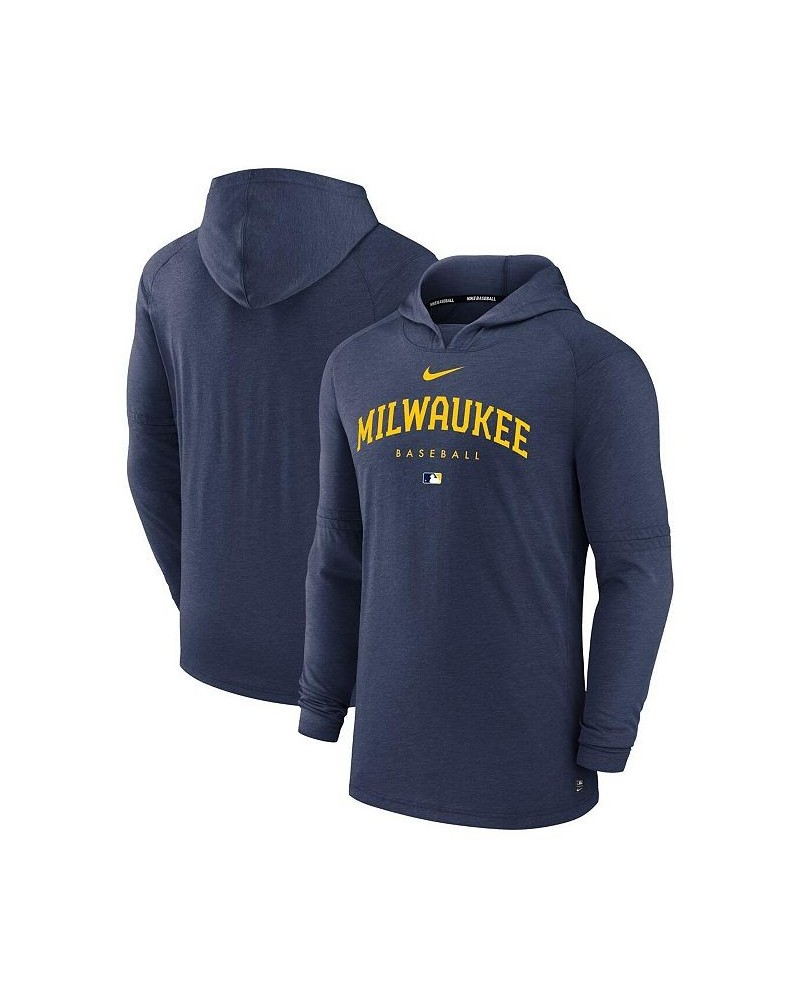 Men's Heather Navy Milwaukee Brewers Authentic Collection Early Work Tri-Blend Performance Pullover Hoodie $43.19 Sweatshirt