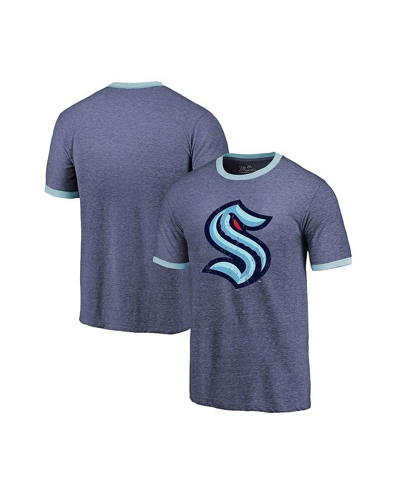 Men's Threads Heathered Deep Sea Blue Seattle Kraken Ringer Contrast Tri-Blend T-shirt $23.39 T-Shirts