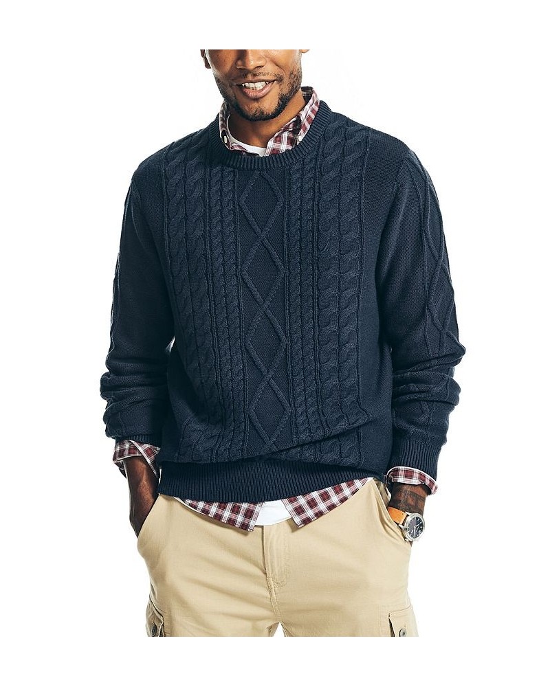 Men's Classic-Fit Crew Neck Cotton Cable-Knit Sweater Blue $23.27 Sweaters