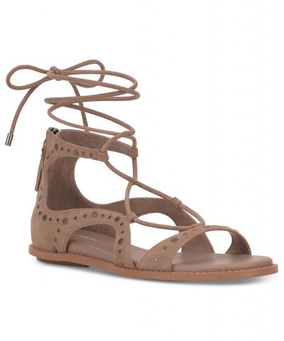 Dawnicee Studded Lace-Up Flat Sandals Tan/Beige $46.44 Shoes