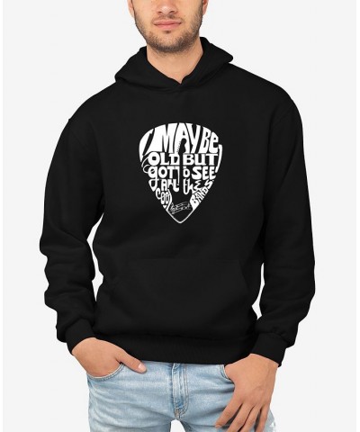 Men's Guitar Pick Word Art Long Sleeve Hooded Sweatshirt Black $24.60 Sweatshirt