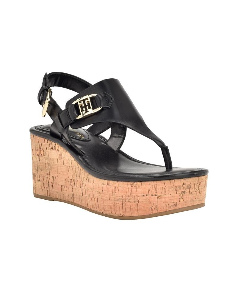 Women's Vani Thong Platform Wedge Sandals Black $26.98 Shoes