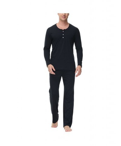 Men's Two Piece Henley Pajama Set Black $26.67 Pajama