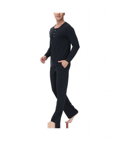 Men's Two Piece Henley Pajama Set Black $26.67 Pajama