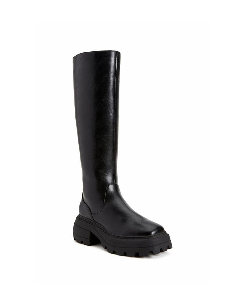 Women's The Geli Solid Square Toe Tall Lug Sole Boots Black $89.50 Shoes