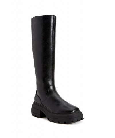 Women's The Geli Solid Square Toe Tall Lug Sole Boots Black $89.50 Shoes