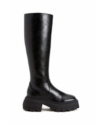 Women's The Geli Solid Square Toe Tall Lug Sole Boots Black $89.50 Shoes