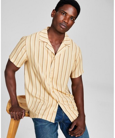 Men's Striped Woven Short Sleeve Camp Shirt Brown $15.77 Shirts