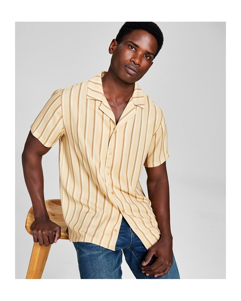 Men's Striped Woven Short Sleeve Camp Shirt Brown $15.77 Shirts