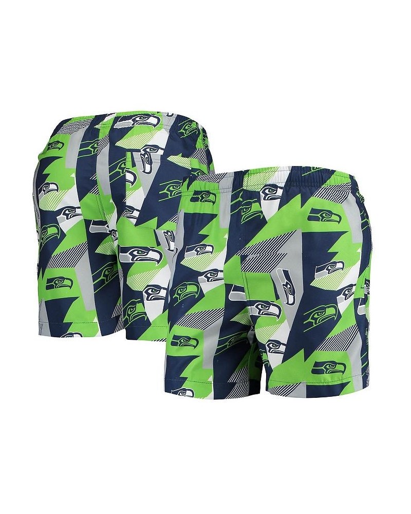 Men's College Navy and Neon Green Seattle Seahawks Geo Print Swim Trunks $24.96 Swimsuits