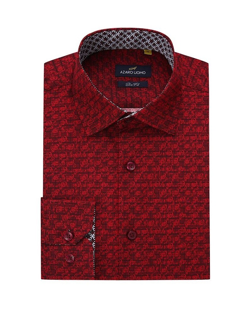 Men's Business Geometric Long Sleeve Button Down Shirt Red $14.00 Dress Shirts