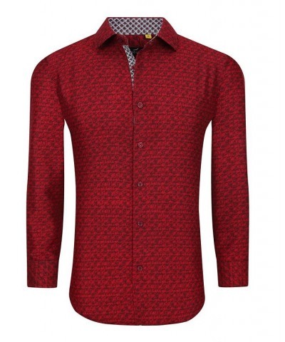 Men's Business Geometric Long Sleeve Button Down Shirt Red $14.00 Dress Shirts