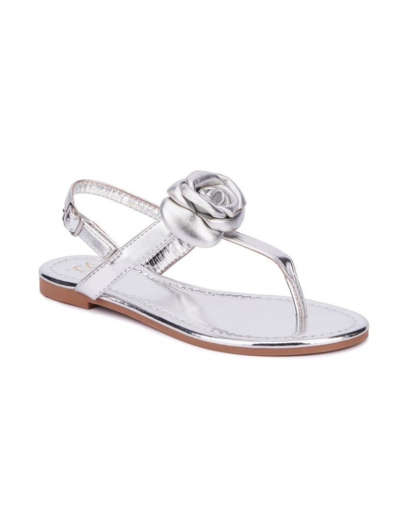 Rosette Women's Single Flower Thong T-Strap Sandal Silver $22.03 Shoes