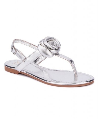 Rosette Women's Single Flower Thong T-Strap Sandal Silver $22.03 Shoes