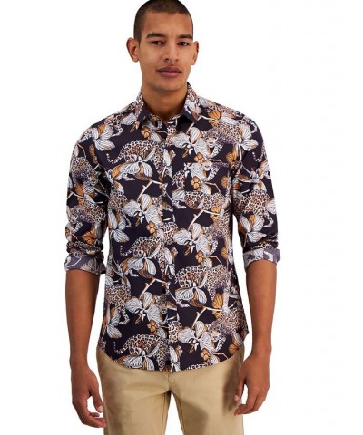 Men's Samuel Slim-Fit Floral Leopard-Print Button-Down Shirt Black $52.50 Shirts