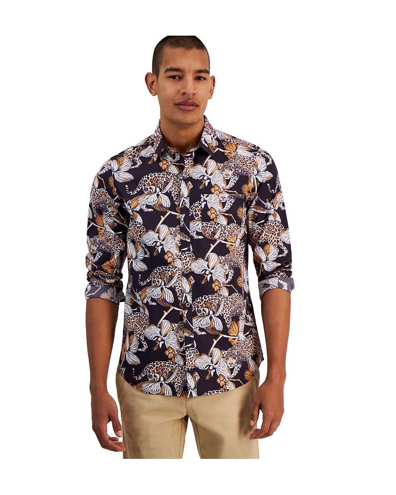 Men's Samuel Slim-Fit Floral Leopard-Print Button-Down Shirt Black $52.50 Shirts