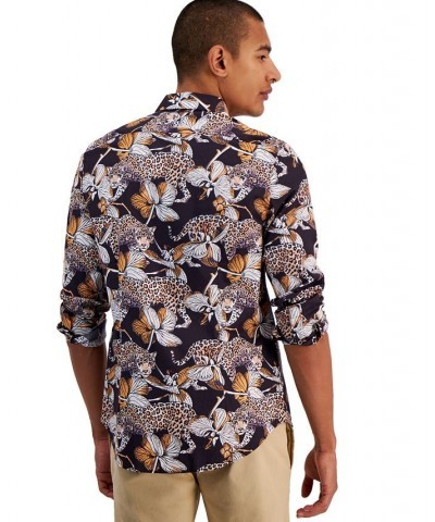 Men's Samuel Slim-Fit Floral Leopard-Print Button-Down Shirt Black $52.50 Shirts