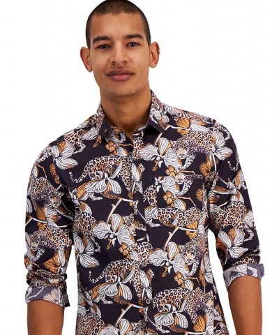 Men's Samuel Slim-Fit Floral Leopard-Print Button-Down Shirt Black $52.50 Shirts