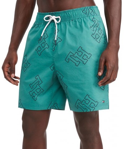 Men's Allover Monogram Print Drawstring 7" Swim Trunks Green $20.81 Swimsuits