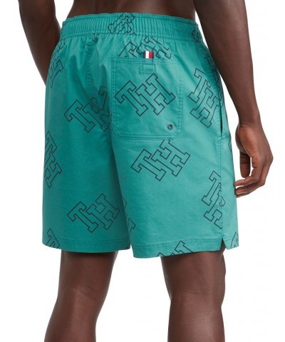 Men's Allover Monogram Print Drawstring 7" Swim Trunks Green $20.81 Swimsuits