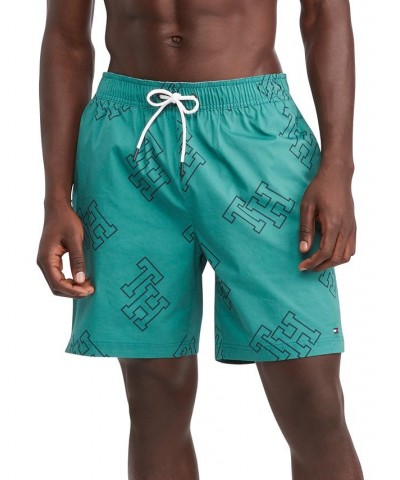 Men's Allover Monogram Print Drawstring 7" Swim Trunks Green $20.81 Swimsuits