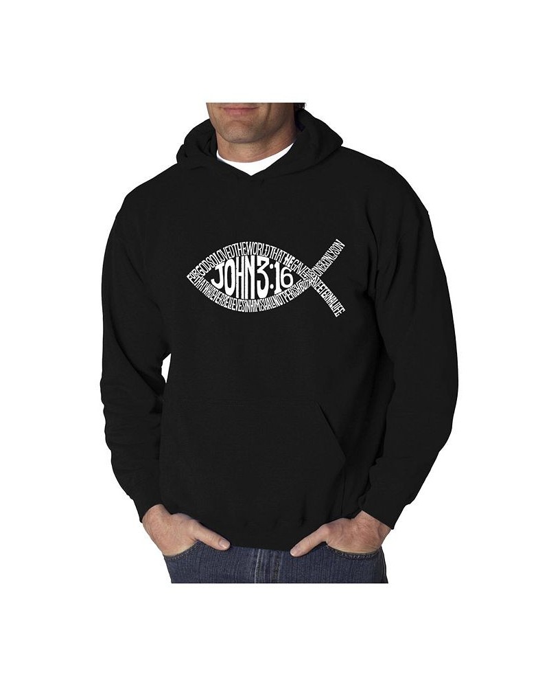 Men's Word Art Hooded Sweatshirt - John 3:16 Fish Symbol Black $28.80 Sweatshirt