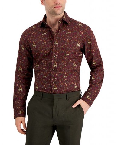 Men's Slim-Fit Performance Stretch Forest-Print Dress Shirt Red $15.84 Dress Shirts