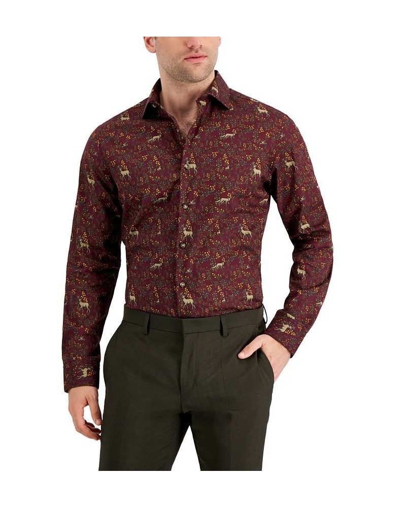 Men's Slim-Fit Performance Stretch Forest-Print Dress Shirt Red $15.84 Dress Shirts